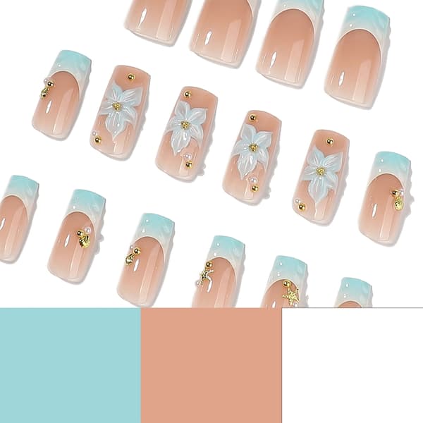 Bryllups Press On Manicure Sæt med Blå Hvid Blomsterstyling