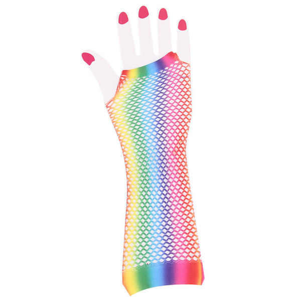 Fingerlösa näthandskar för kvinnor 80-tal långa nät Mesh Gradient Rainbow vantar