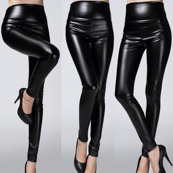 Kvinde Høj Talje Faux Læder Strækbar Pencil Bukser Blanke Matte Leggings Black