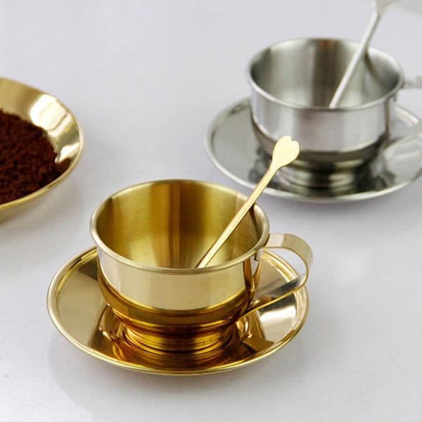 Dobbelt væggede Isoleret Kaffe Kopper Sæt Retro Kaffe Latte Te Kopper med Ske og Underkop til Latte, Mælk, Te, Espresso Silver