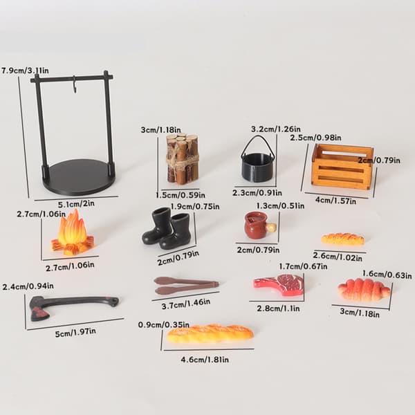 Detaljert ved til dukkehus, campingtilbehør, realistisk miniatyr