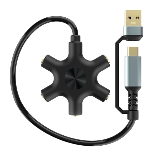 USB A/ USB C uros-5-porttinen 3,5 mm naaras jakaja usean laitteen AUX-sovitin
