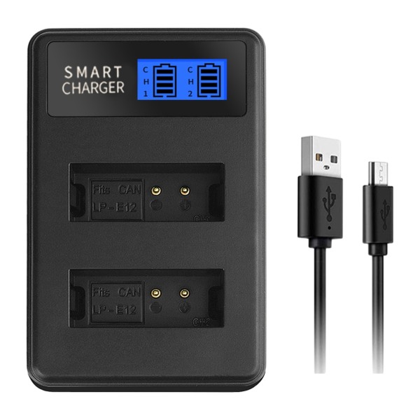 LP E12 batterioplader LCD-skærm, dobbelt USB-opladning til Canon EOS M, EOS M2