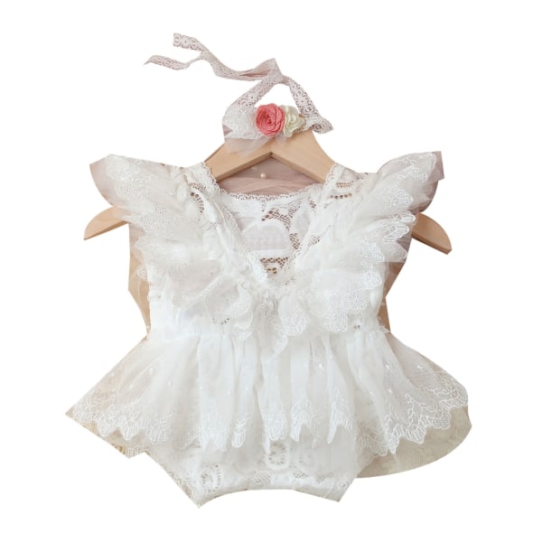Nyfödd Photoshoot Rekvisita Outfit Blomma Pannband Spets Jumpsuit Baby Foto Kostym
