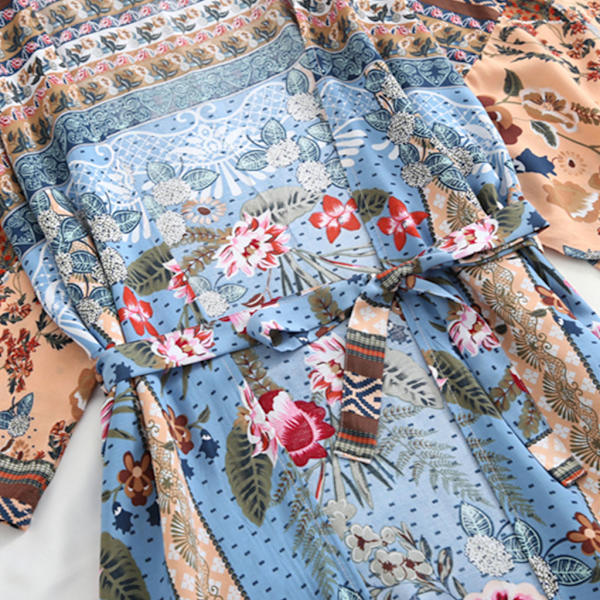 Kvinnors strandbadkläder täck upp Boho blommigt tryckt öppen framsida Kimono kofta Lon