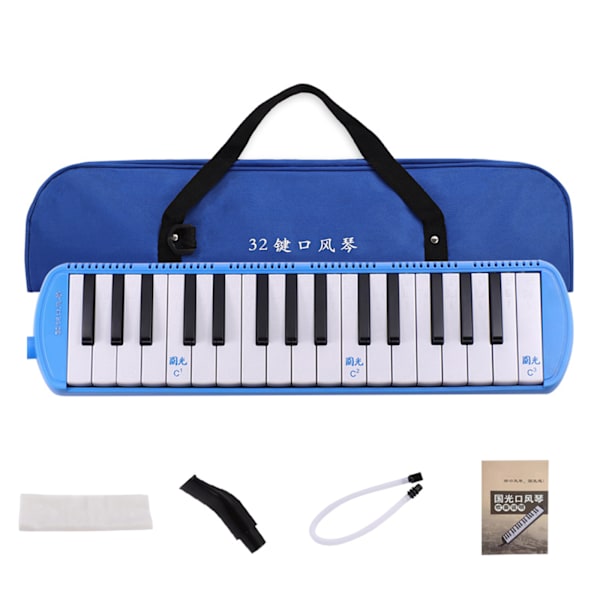 32 Tangenter Melodica Instrument Keyboard Luftklaver med Langt Rør, Korte Mundstykker Blue Soft Case