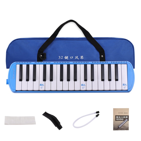 32-tangenters melodika-instrument, keyboard, luftpiano med långt rör, korta munstycken Blue Soft Case