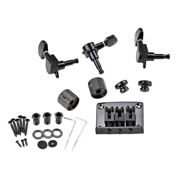 3-strängad gitarrstall, stallset, stämskruvar, kontrollknoppar, skiftnyckel, remspännen Black