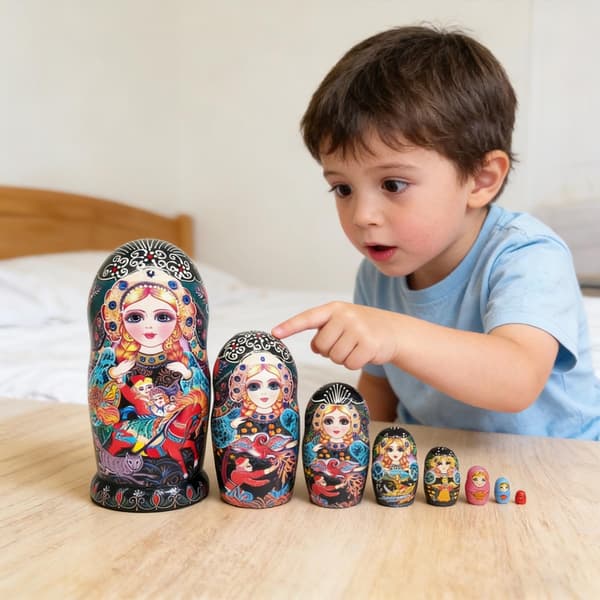 10-lagers ryska \"nesting dolls\" med lackerat mönster, träkonst, folklig Matryoshka