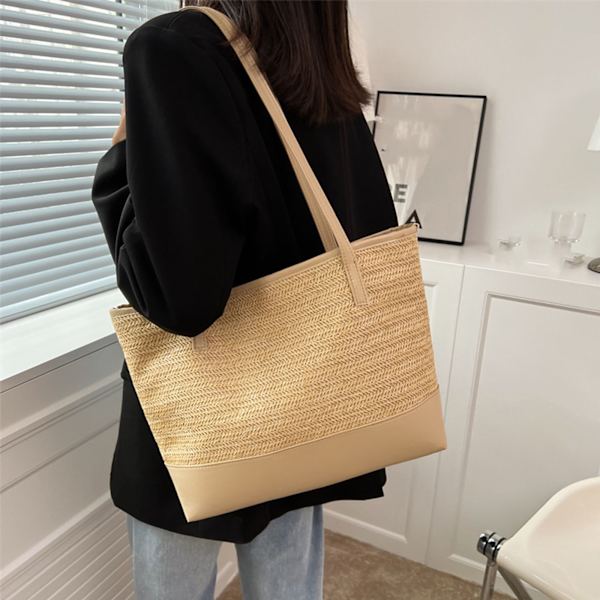 Håndlavet strå håndtaske Skuldertaske Stor Kapacitet Tote Bag Messenger Bag White