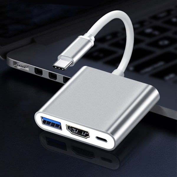 3-i-1 USB-C til USB3.0+HDMIs+PD100W Adapter for hurtiglading og 5 Gbps data