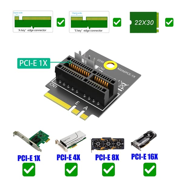 M.2 Key A+E Key Interface til PCIE 1X Slot Adapterkort 4PIN Strømkabel