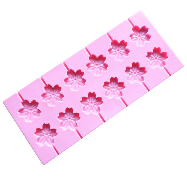 1 st Silikon Lollipop Form 12 hålrum Körsbärsblom Blomformad Hård Godis Choklad Gelé Kaka Bakform Mould Pink