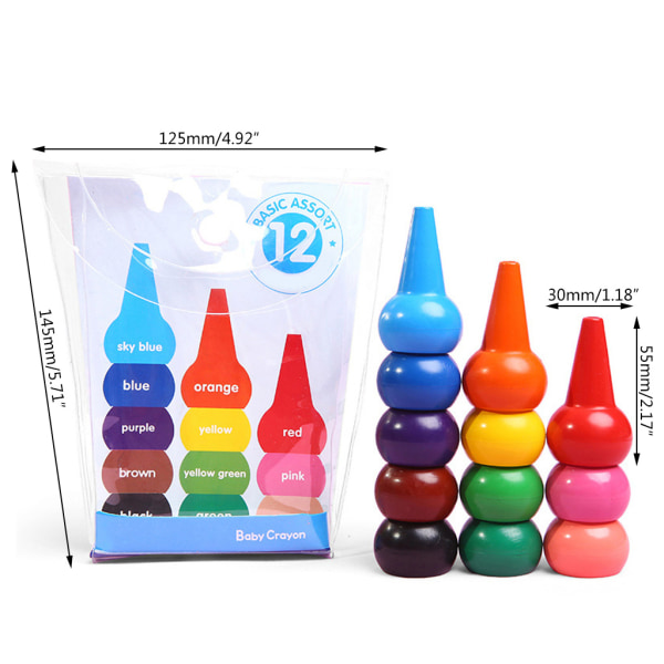 12 färger 3D fingerkritor Ej giftig Tvättbar målning Ritningsvax för toddler Baby Barn Stapelbara pedagogiska konsttillbehör