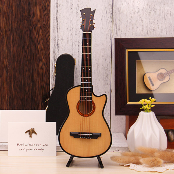 Miniatyr gitarreplika musikkinstrument samleobjekt dukkehusmodell hjemmedekor Classical wood color 16cm