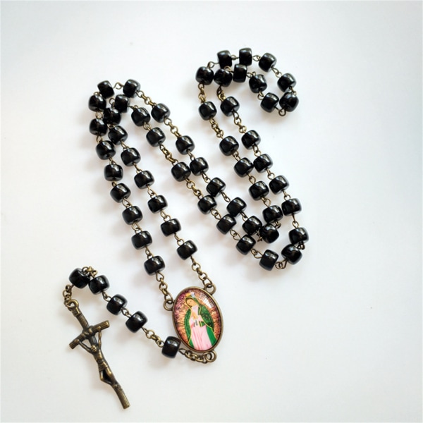 Pärlhalsband Svart rosenkrans katolskt halsband Bönmedalj för korshänge heliga religiösa smycken för kvinnor män flicka