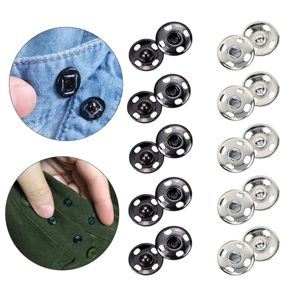 100 set 10 mm/12 mm/15 mm/17 mm/8,5 mm påsydda tryckknappar Metall tryckknappar Tryck på knappen för att sy kläder 15mm