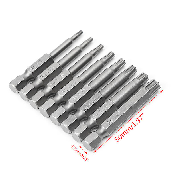 8 kpl / set 1/4 tuuman 50 mm T8-T40 magneettinen Torx sähköinen ruuvimeisselin kärkisarja