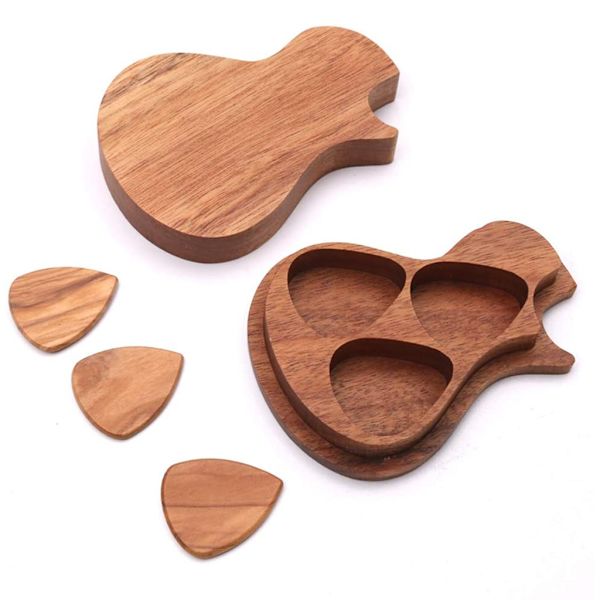 Guitar Plektreboks Holder Box Musikinstrument med 3 Pakke Træ Guitar Plektre Sæt