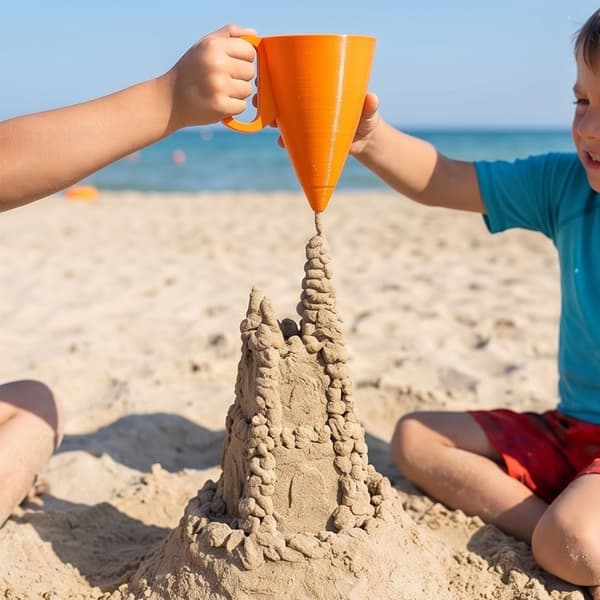 Strandsandtraktleke med sidehåndtak, oransje kjegleformet sandslottmaker