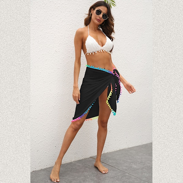 Kvinners badedrakt bikini cover up strand sarong regnbue pompom trim tie wrap skjørt Blue