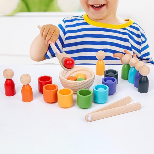 Träfigur dockor och koppar Montessori Early Learning Toy Dagis Brädspel Färgmatchande lådor Ta tag i leksak