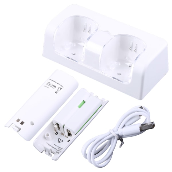Fjernkontroll dobbel ladestasjon + 2 batterier for Wii Gamepad, lader med LED-lysindikator