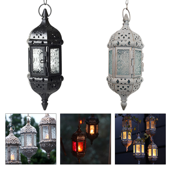 Ljushållare i marockansk stil Vintage dekorativa lyktljus för jul, uteplats, trädgård, balkong, fest, hängande Black