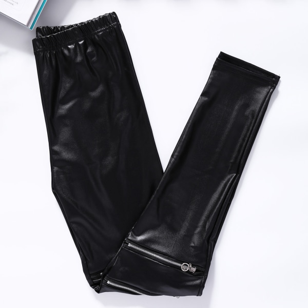 Dames imitatieleer stretch skinny pencil broek met ritsversiering leggings Black