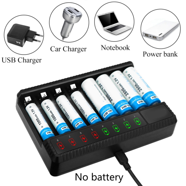 8-fack AA AAA batteriladdare med LCD-skärm för NiMH NiCD AA AAA uppladdningsbara batterier USB C Laddningsoberoende