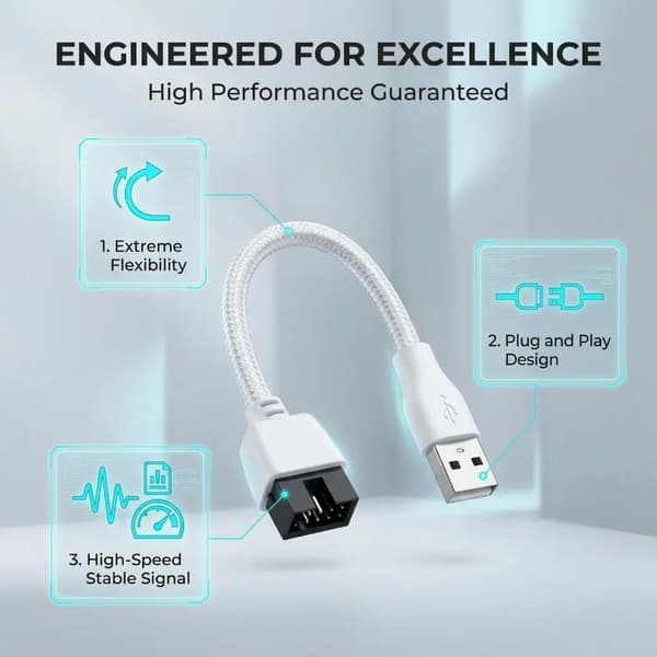 USB A Header-kabel, 20 cm 9-pinners hvit hylsetråd for stasjonær PC