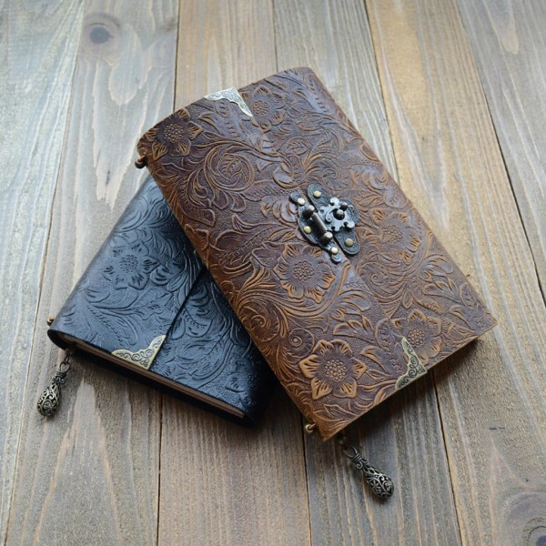 Präglat mönster reseanteckningsbok i mjukt läder med lås för nyckeldagbok Anteckningsblock Kraftpapper för skissskrivning Brown