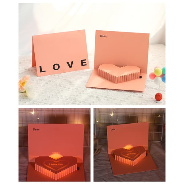 Opptakbart 3D-hjertegratulasjonskort med glødende lys og rosa design