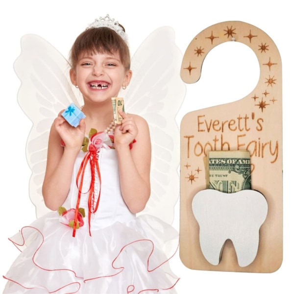 Tooth Fairy Pick up Box Tooth Fairy Dörrhängare Barn Barn Uppmuntra Presentrumsdekoration Tanddörrhängare i trä 23x9cm null - C