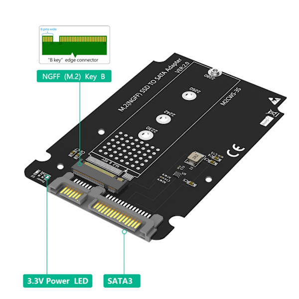 M.2 Key B SSD'er til SATA3.0 2.5\" Adaptere SSD'er Konvertere RiserCard