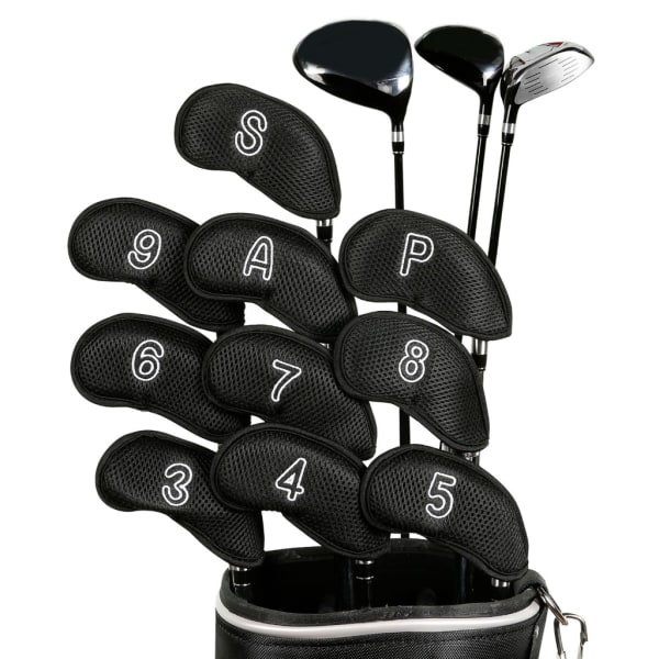 10 st Golf Iron Head Covers Mesh Tyg Golf Club Headcover Vattentät Golf Putter Cover Set Passar de flesta märken Golf Iron Black