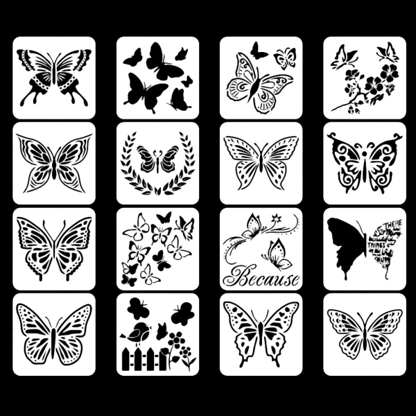 Pakke med 16 til sommerfugle tegneskabelon Stencils Genanvendelige Anti-break Maling Stencils Til fest hjemmedekoration