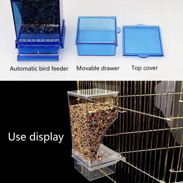 Automatisk fågelmatare för bur Parakit matautomat No Mess Cockatiel Fodertillbehör Plastbehållare med abborre Blue