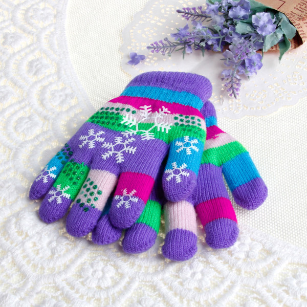 Höst Vinter Barn Bi-layer Thickened Snow Print Färgade Garn Sticka Handskar Color