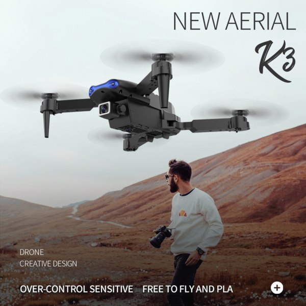 E99 K3 Drone 4K Dubbel/Enkel Kamera 6-axlig Trevägs Hinder Undvikande Fällbar RC Quadcopter Headless Mode för barn Black - B