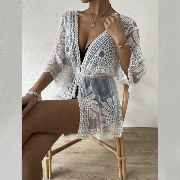 Dam Sommar Baddräkt Solskydd Överdrag Solid Lös Strandkläder Cardigans White