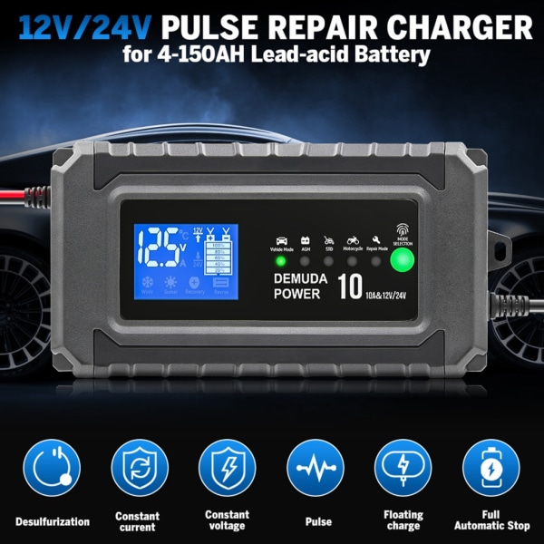 12V/24V bilbatteriladdare Heavy Duty Smart Automatisk Intelligent Pulse Reparation