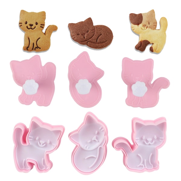 3 STK Cookie Stamp Cookie Cutter Forme Plastmateriale Søde DIY Cookie Skæreforme til Katteform Perfekte gaver til