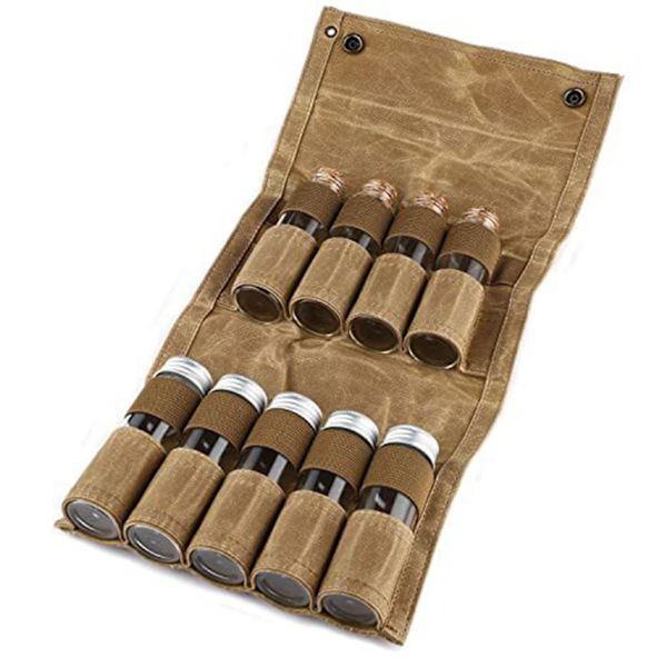 Canvas kryddförvaringsväska med 9 kryddburkar kryddbehållare set för utomhuscamping grill picknick tillbehör Khaki