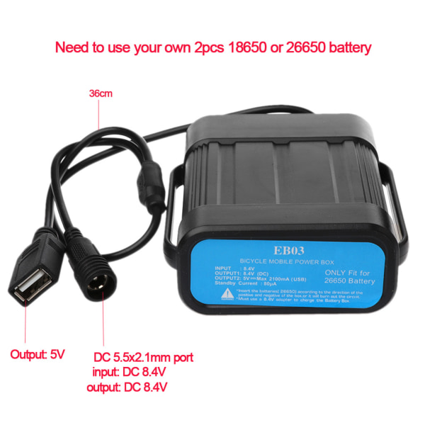8,4V uppladdningsbart batteripaket för cykellampor och strålkastare IPX7 batteribyte 2 x 18650 batterihus Black