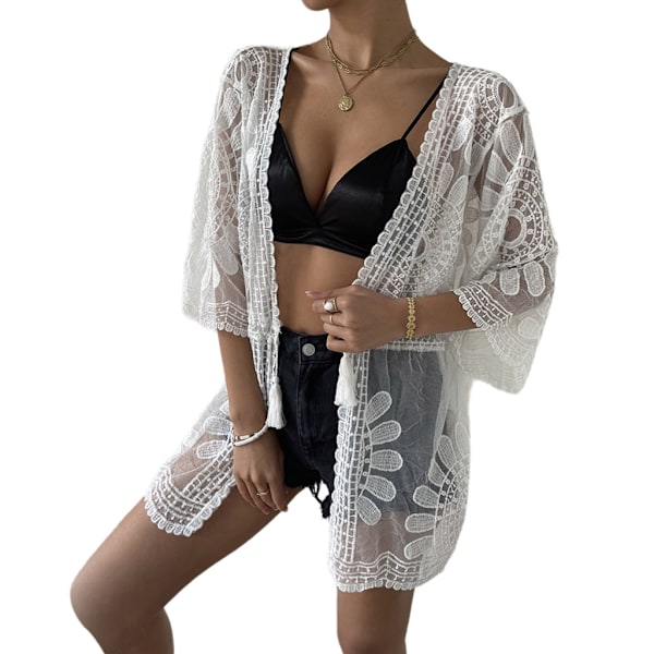 Dam Sommar Baddräkt Solskydd Överdrag Solid Lös Strandkläder Cardigans White