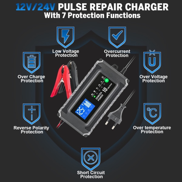 12V/24V bilbatteriladdare Heavy Duty Smart Automatisk Intelligent Pulse Reparation