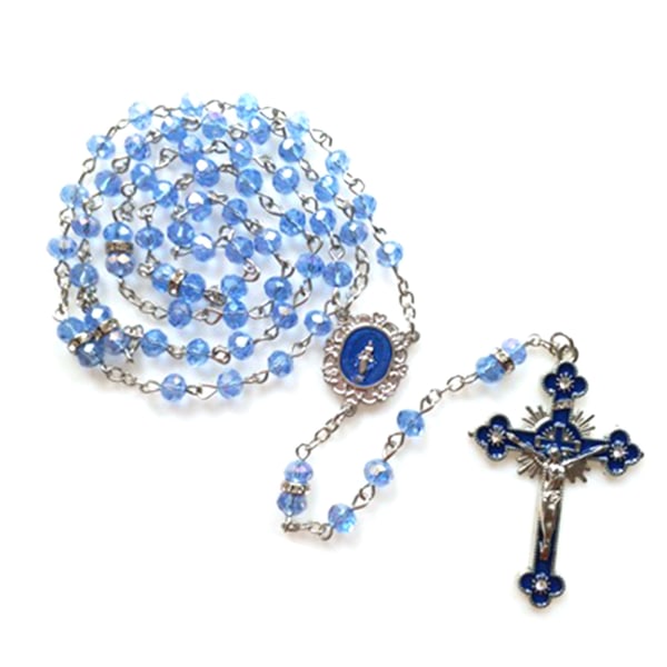 Katolsk Rosenkrans Halsband Kristallpärlor Helig Figur Jesus Hängande hängande Berlock för Kvinnor Män Kyrkan Dekoration Meditation Be Presentmaterial Blue