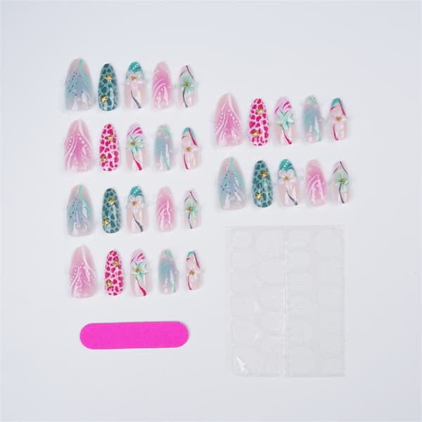3D Blomster Press On Manicure Sæt i Gradient Pink Teal med Metallisk Søstjerne
