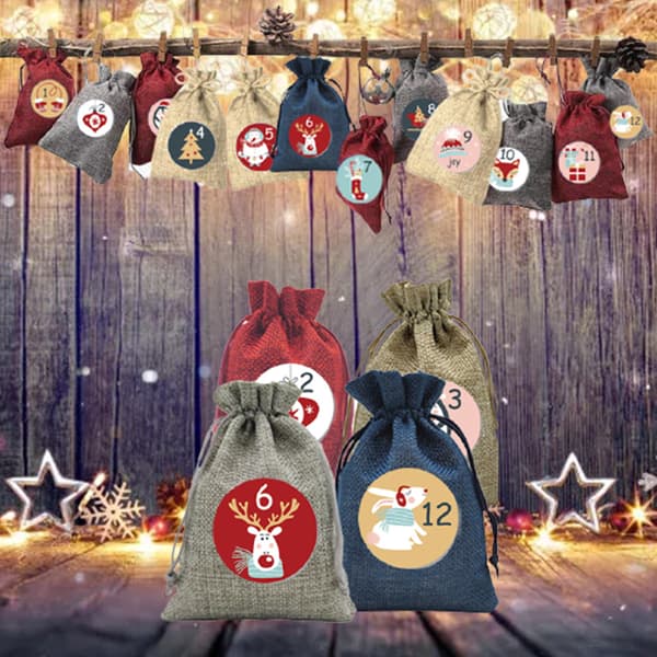 Julekalender Gavepose Sett for DIY Fylling Stoffpose Julegaveposer